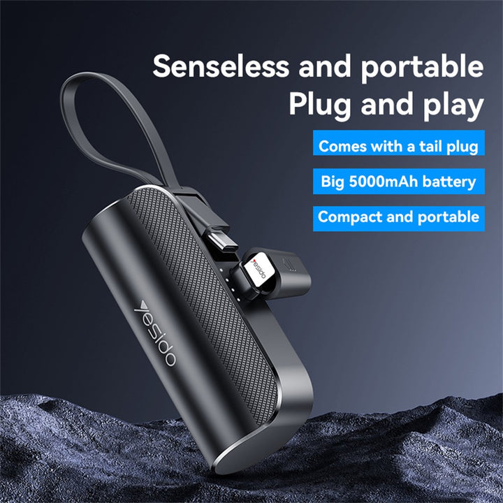 Yesido 5000mAh Super Mini Power Bank with Built-in USB-C & USB Plug