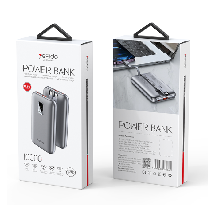 Yesido 10000mAh \ 22.5W Fast Charging Power Bank with Built-in HD Cable