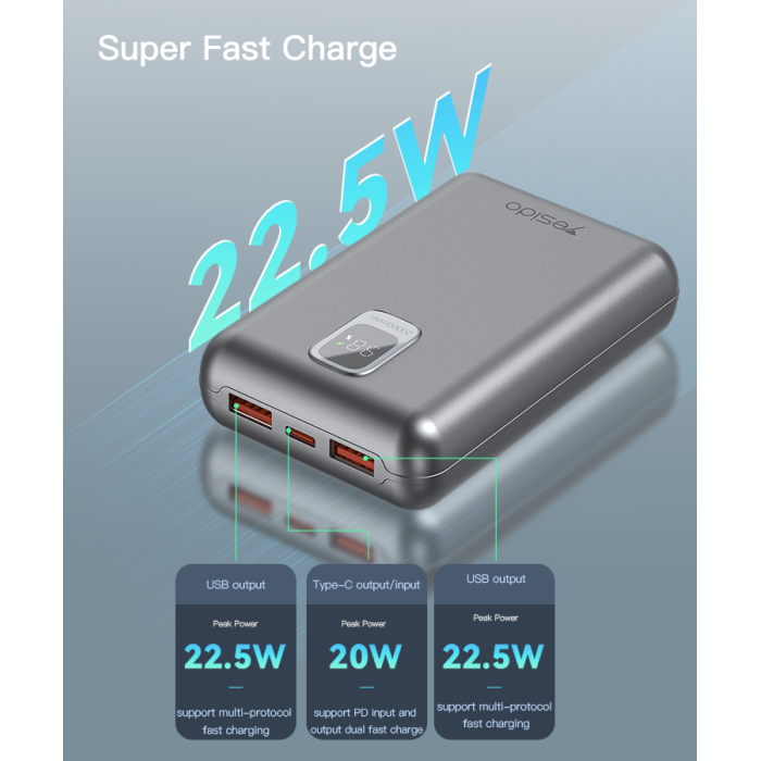 Yesido 20000mAh \ 22.5W Power Bank with LED Display Fast Charging