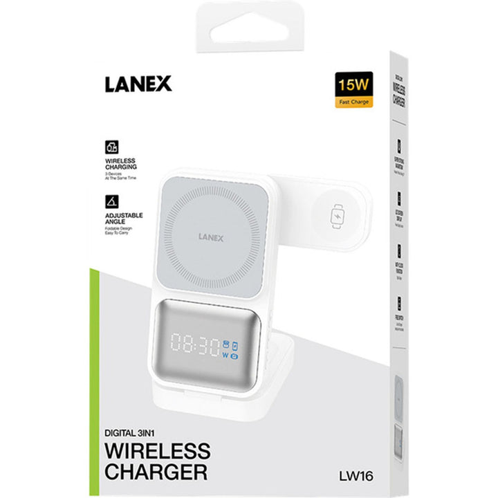 LANEX 3-in-1 Wireless Charger 15W Fast Charging with Clock Display